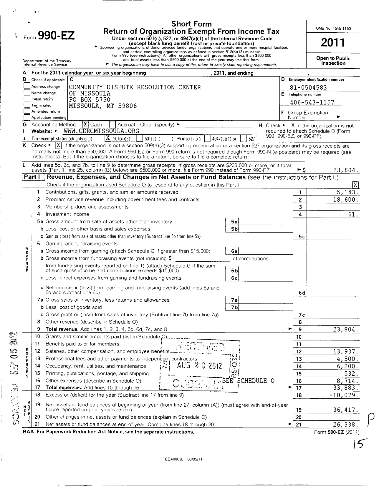 Image of first page of 2011 Form 990EZ for Community Dispute Resolution Center of Missoula