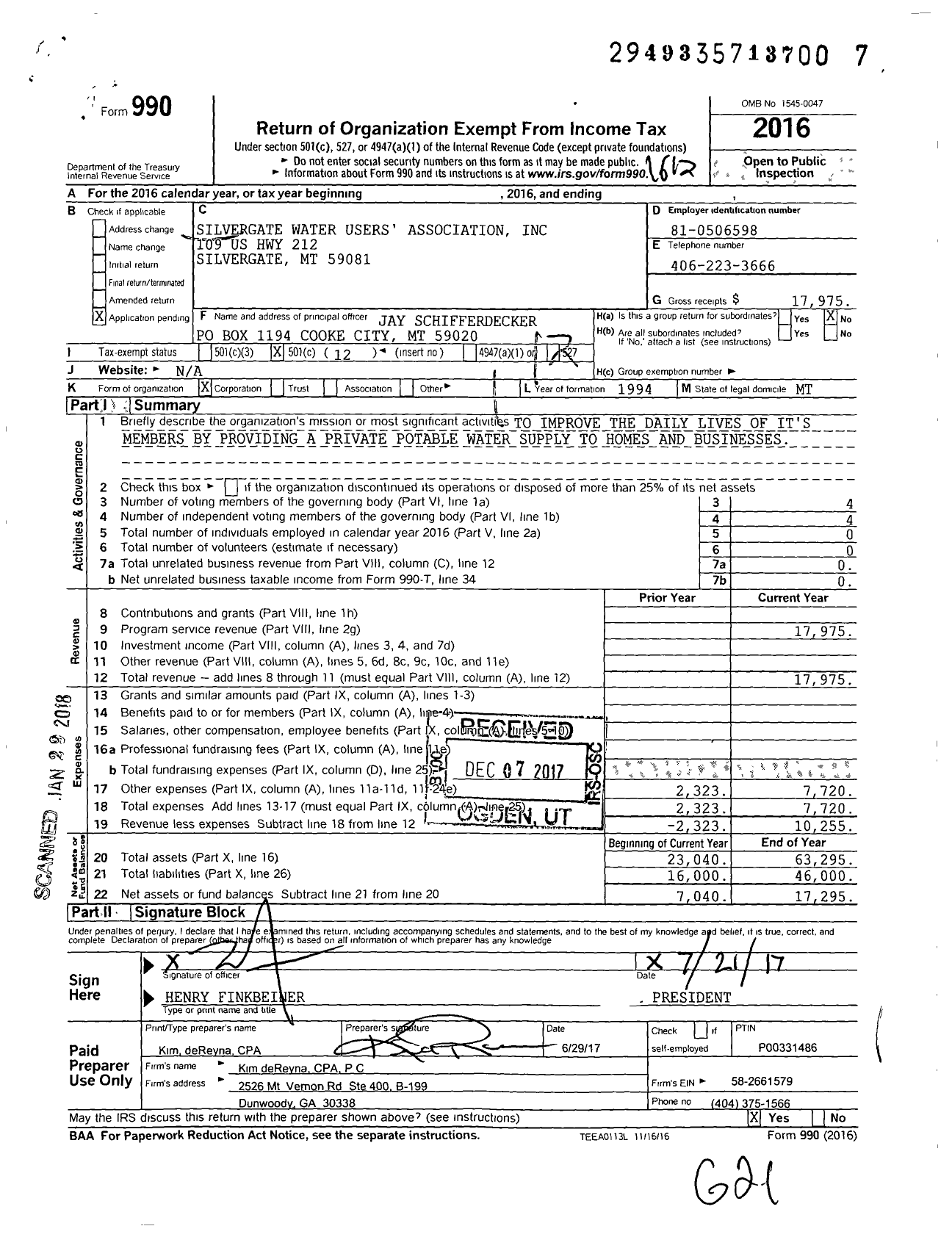 Image of first page of 2016 Form 990O for Silver Gate Water Users Association