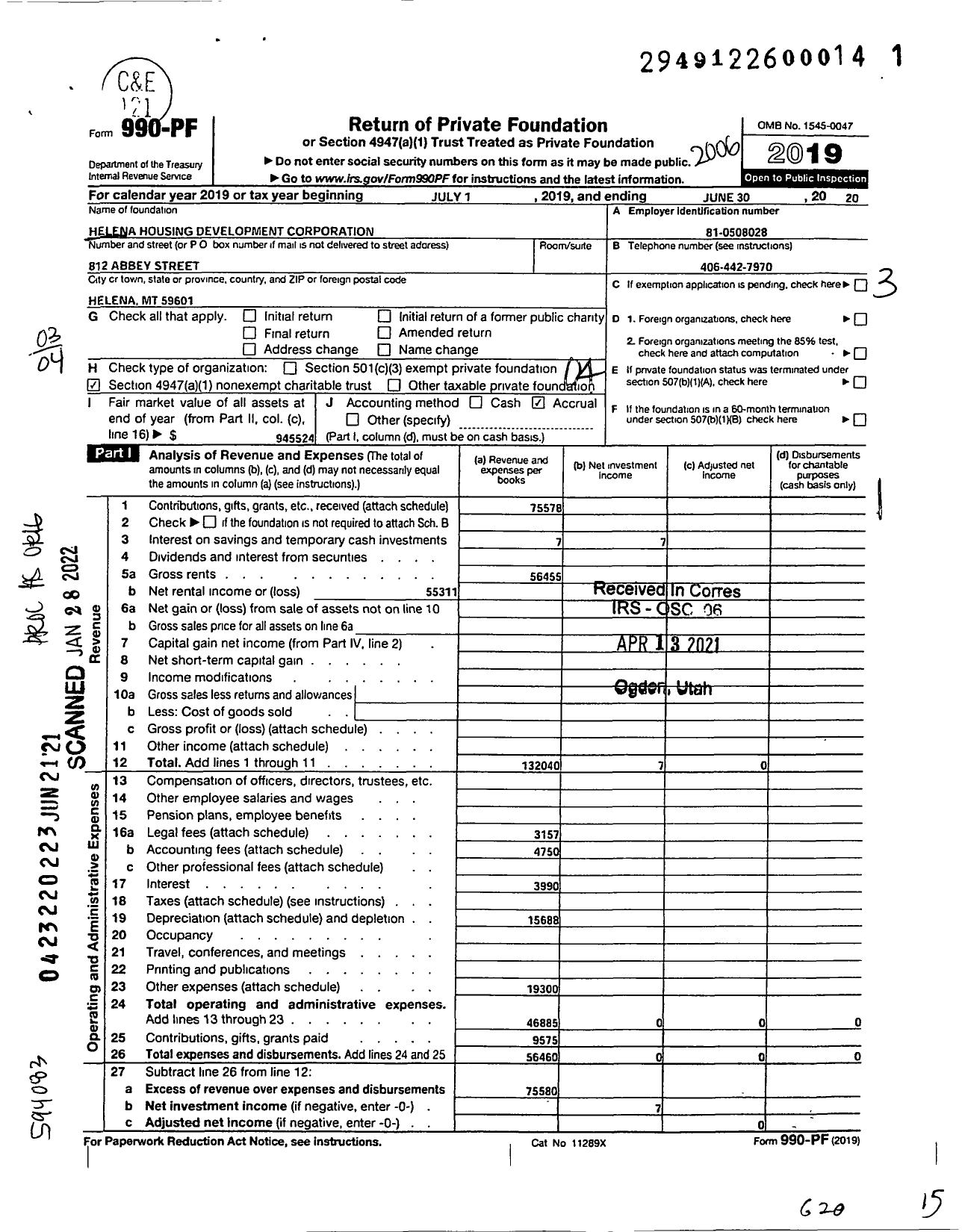 Image of first page of 2019 Form 990PF for Helena Housing Development Corporation