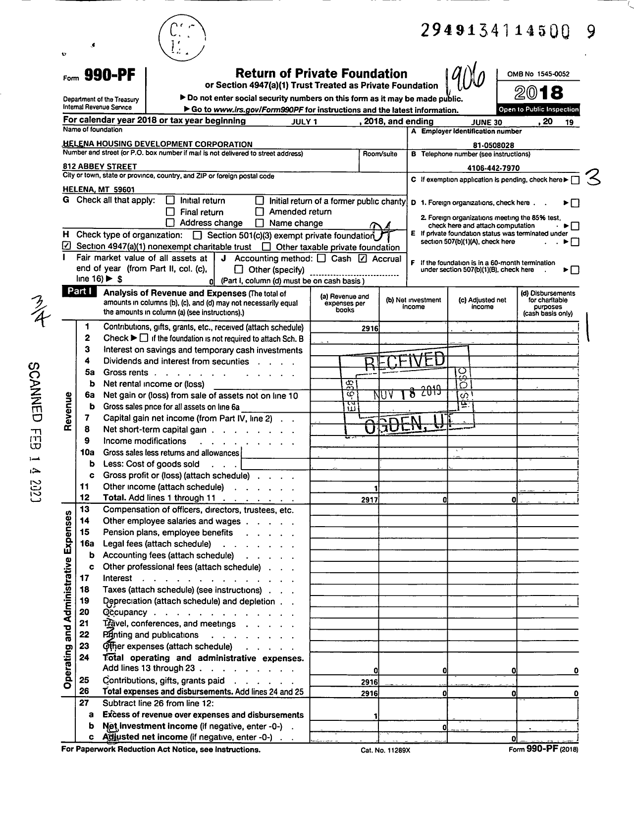 Image of first page of 2018 Form 990PF for Helena Housing Development Corporation