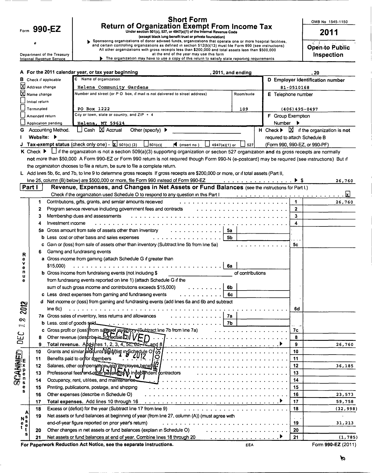 Image of first page of 2011 Form 990EZ for Helena Community Gardens