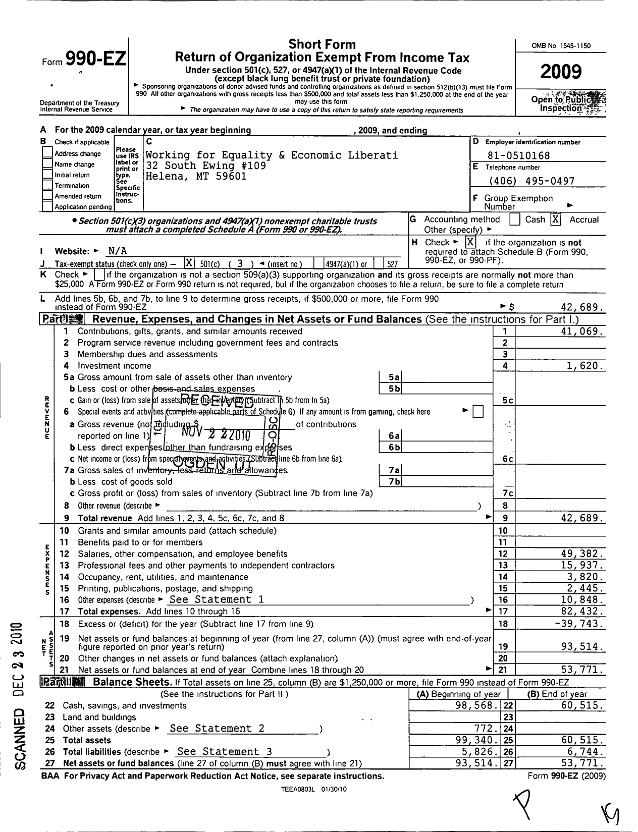 Image of first page of 2009 Form 990EZ for Helena Community Gardens