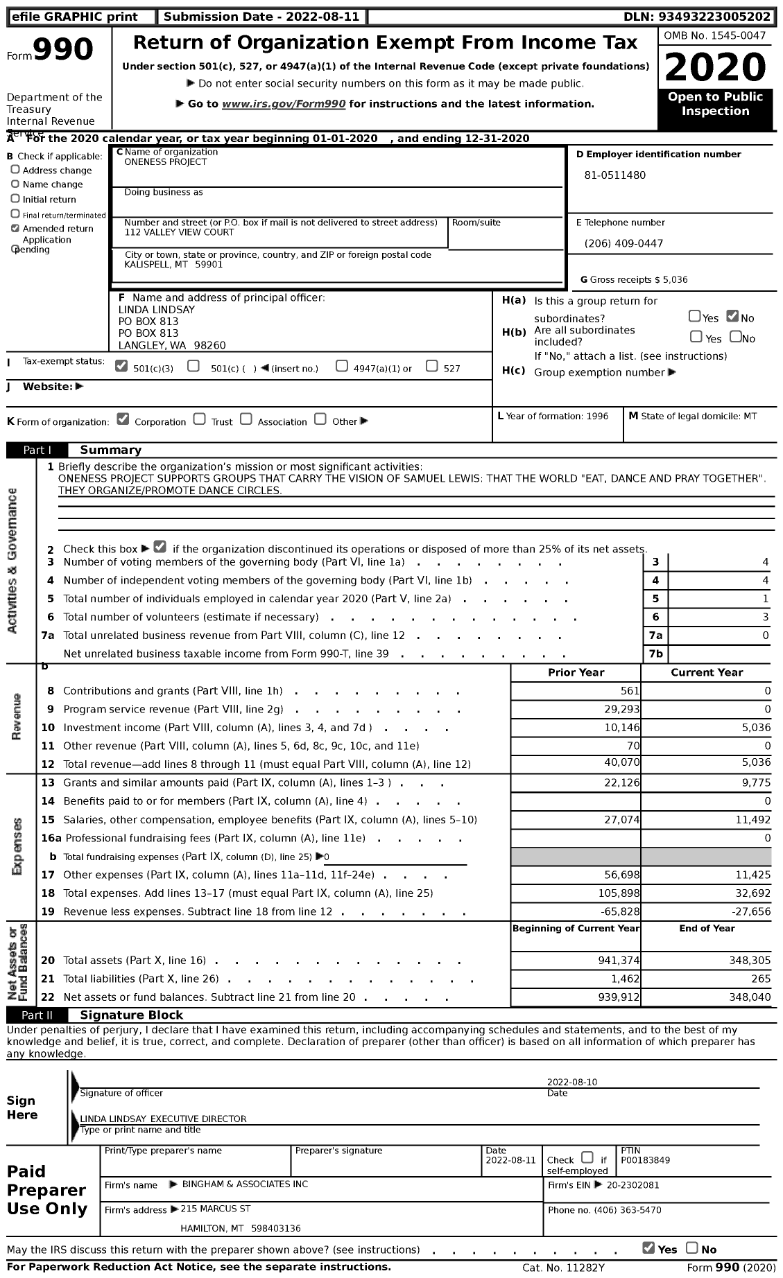 Image of first page of 2020 Form 990 for Oneness Project