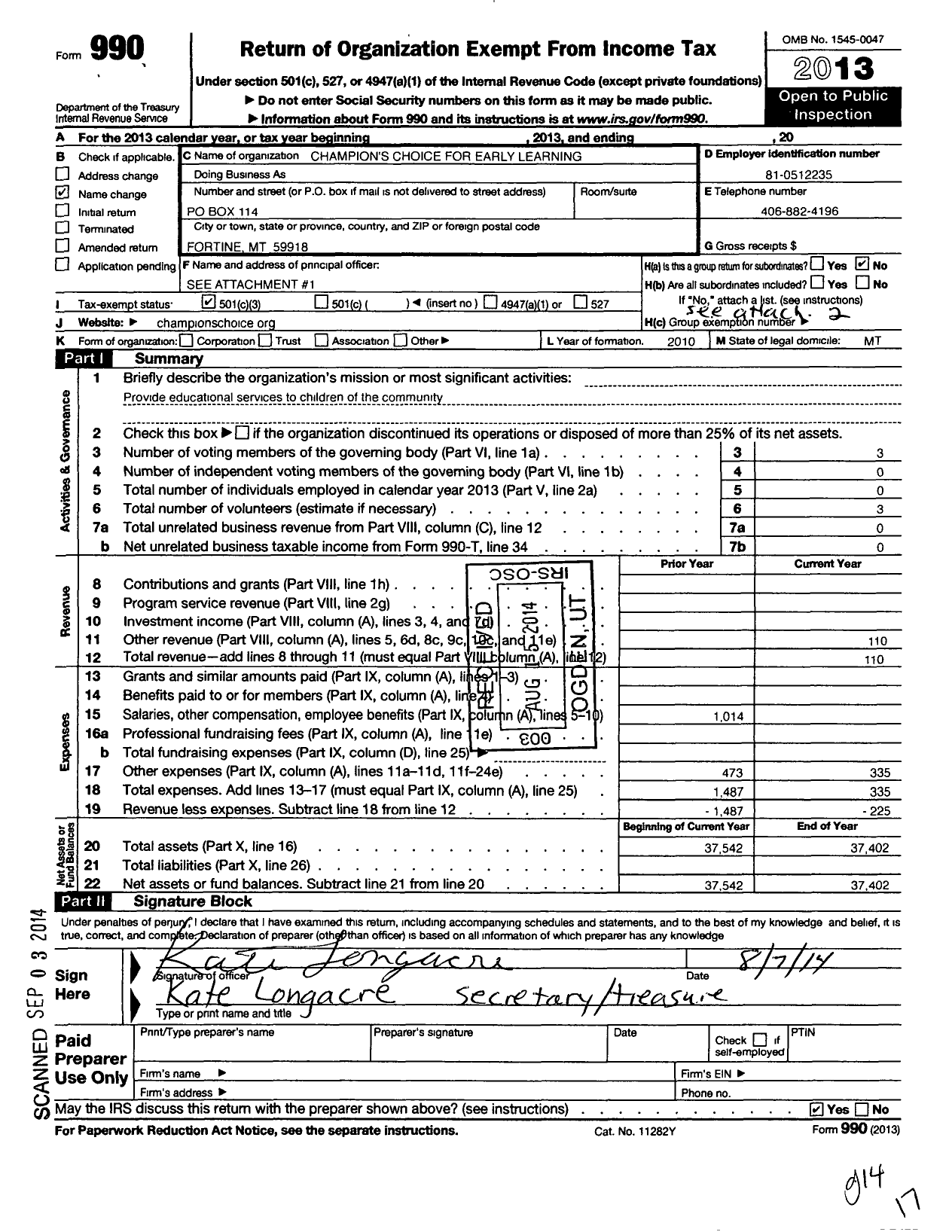 Image of first page of 2013 Form 990 for Champions Choice for Early Learning