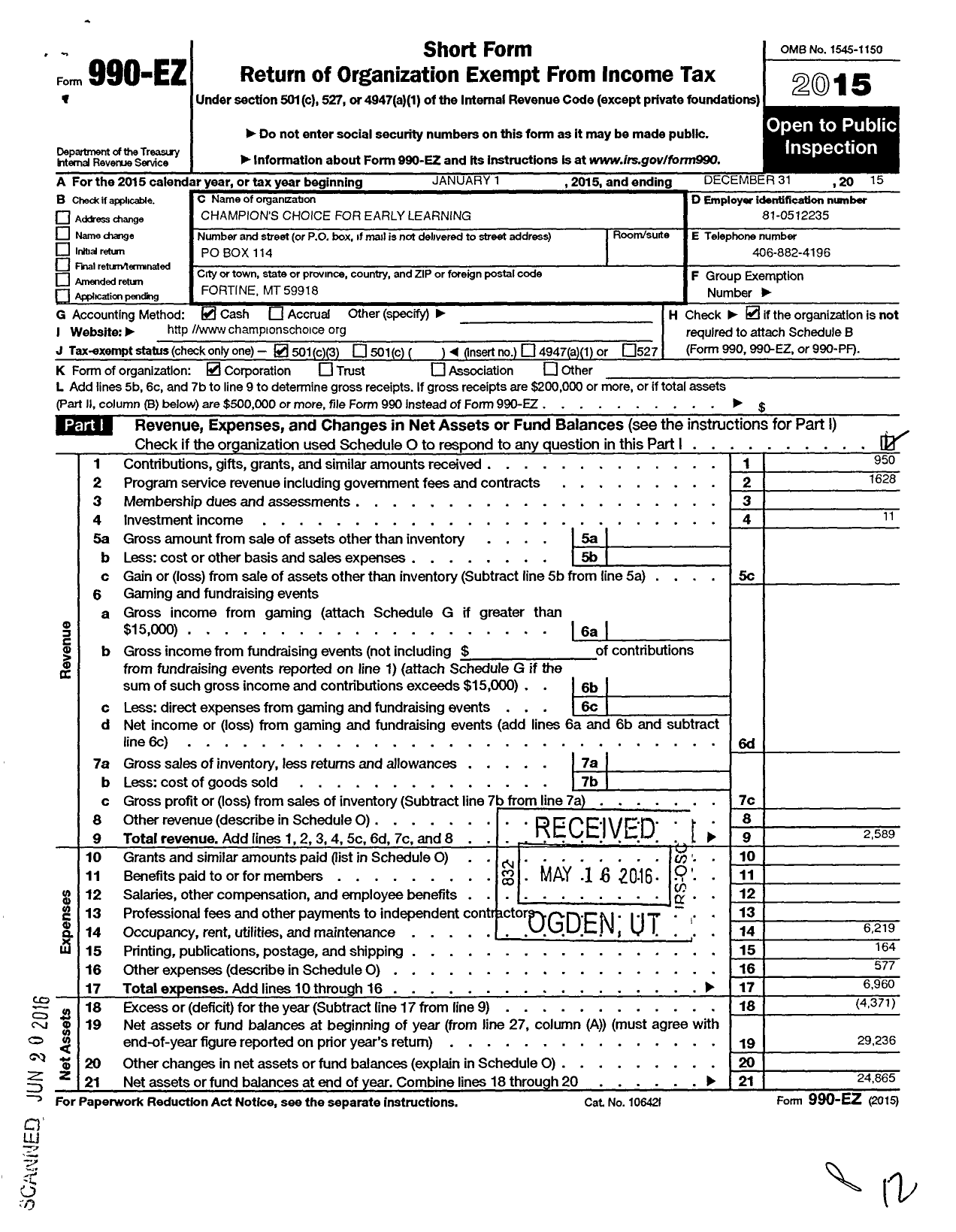 Image of first page of 2015 Form 990EZ for Champions Choice for Early Learning