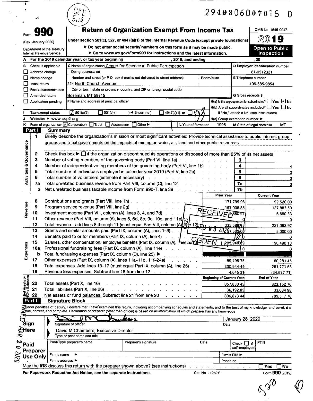 Image of first page of 2019 Form 990 for Center for Science in Public Participation