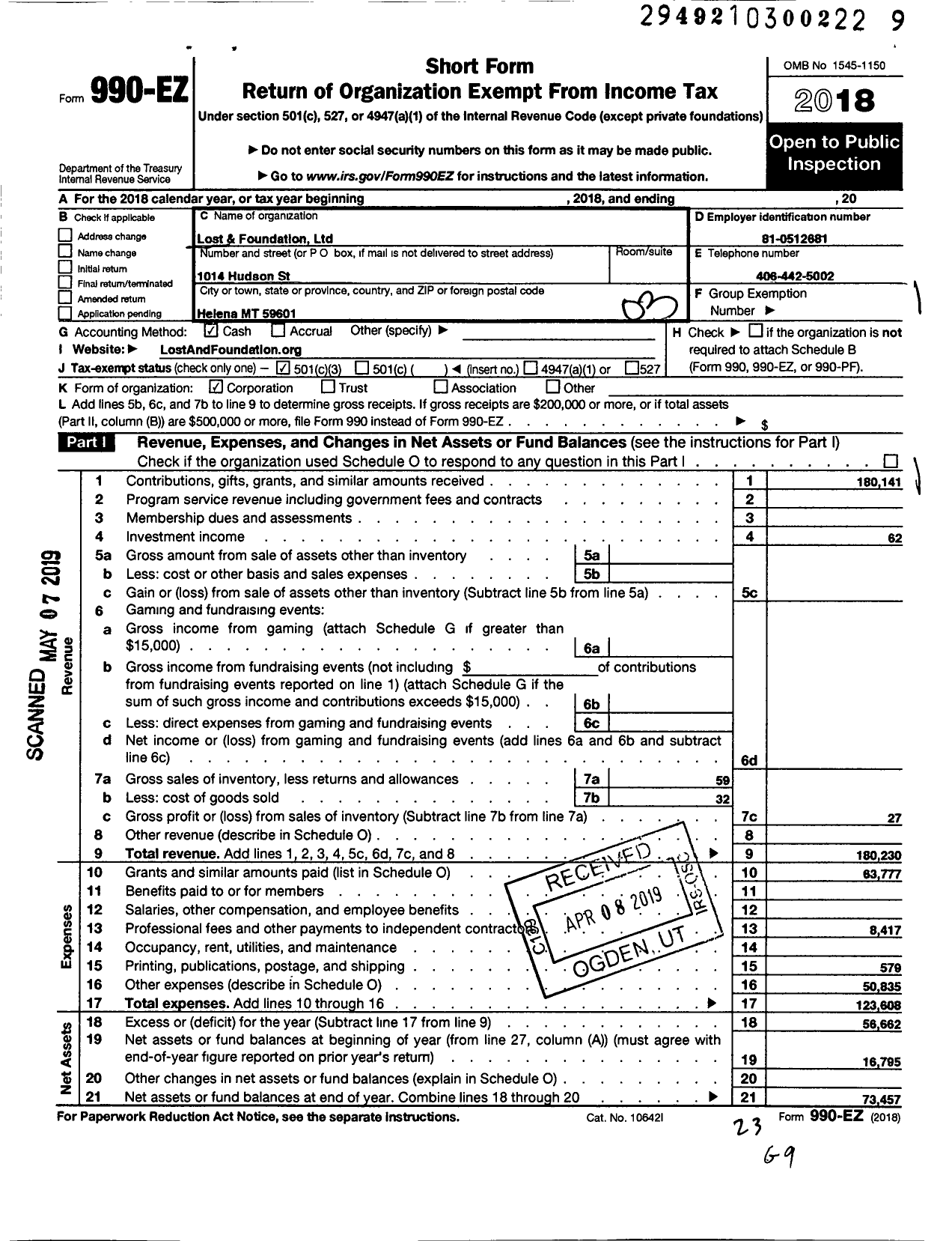 Image of first page of 2018 Form 990EZ for Lost and Foundation Limited