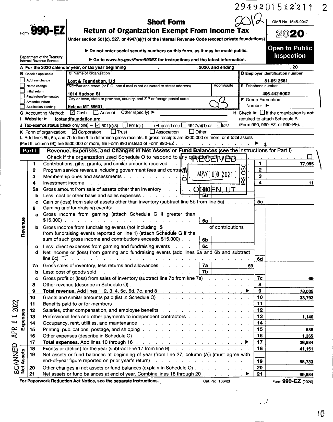 Image of first page of 2020 Form 990EZ for Lost and Foundation Limited