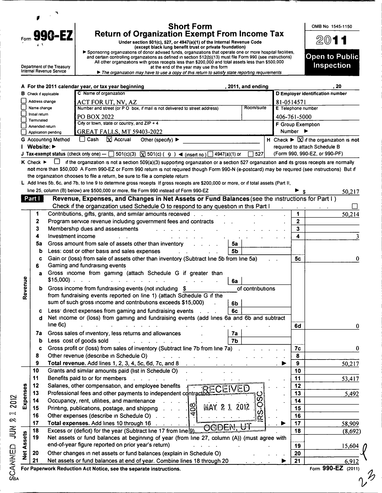 Image of first page of 2011 Form 990EO for American Contractors Trust for the States of Utah-Nevada-Arizona