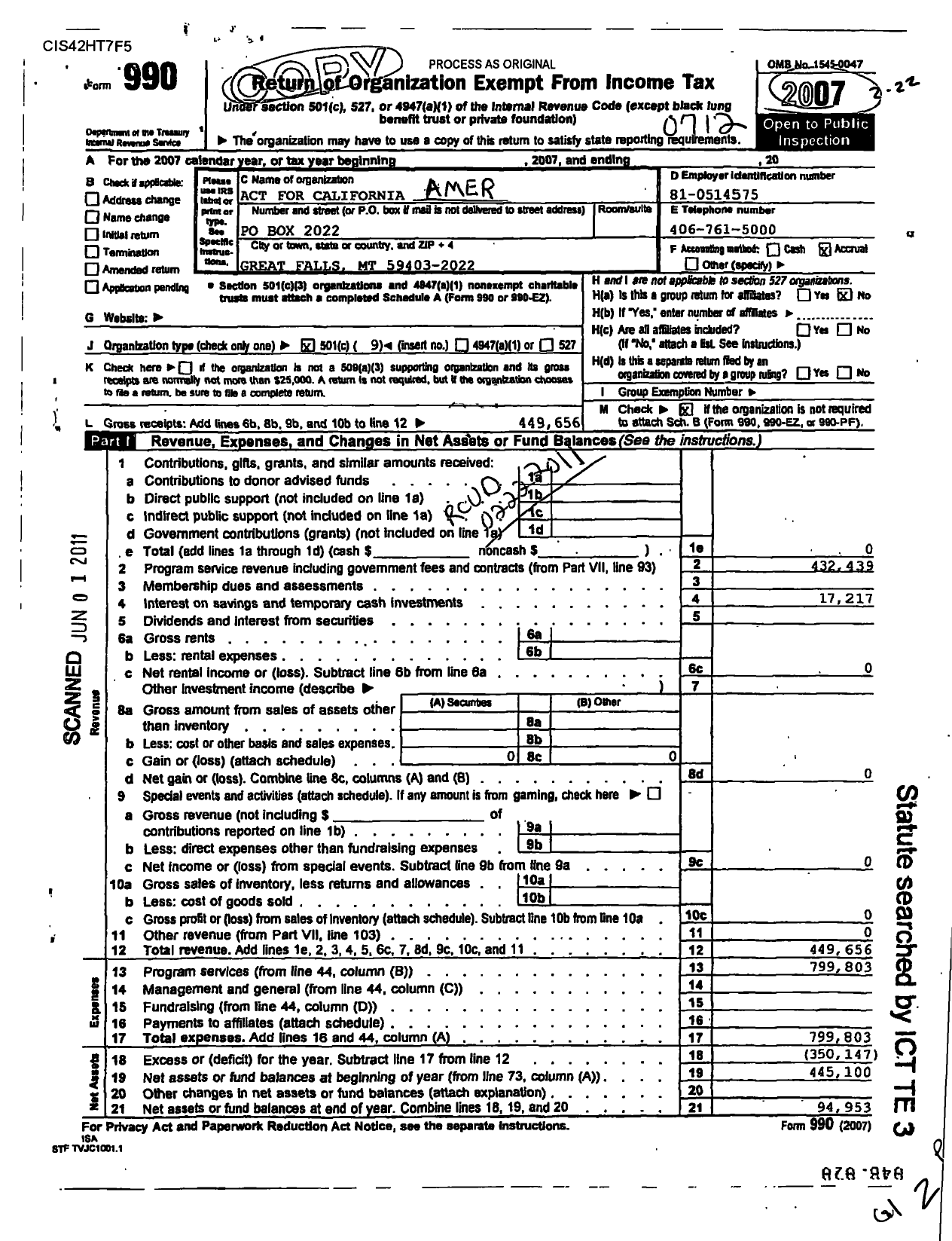 Image of first page of 2007 Form 990O for American Contractors Trust for the State of California