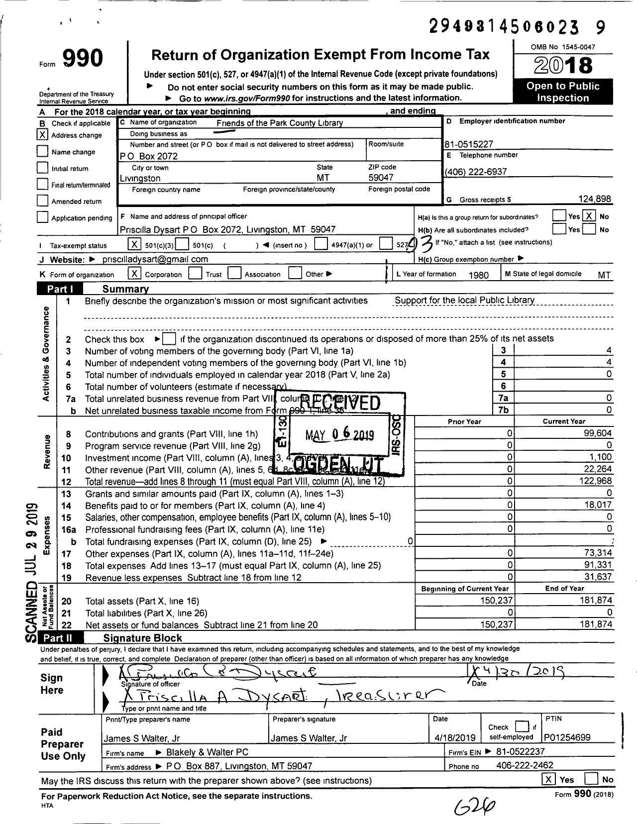 Image of first page of 2018 Form 990 for Friends of the Library