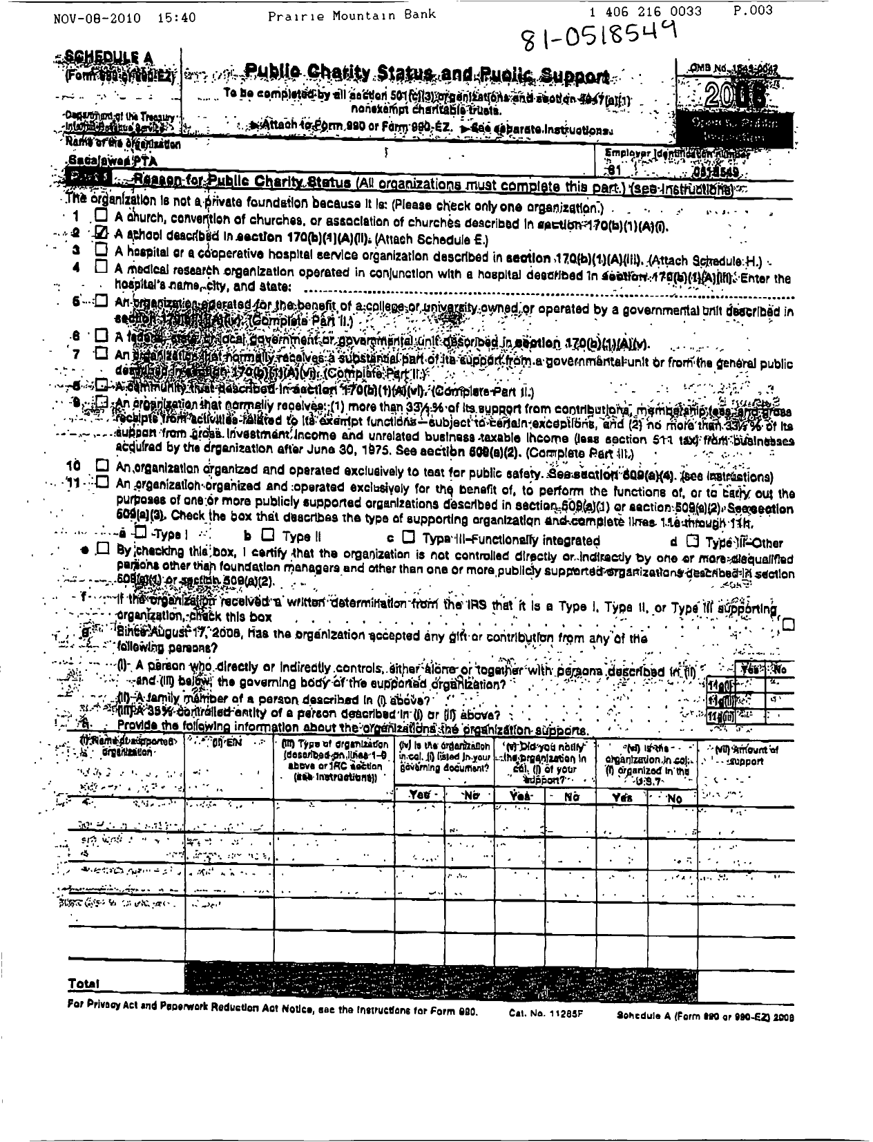 Image of first page of 2008 Form 990ER for Montana Congress of Parents Teachers Students / Sacajawea PTA