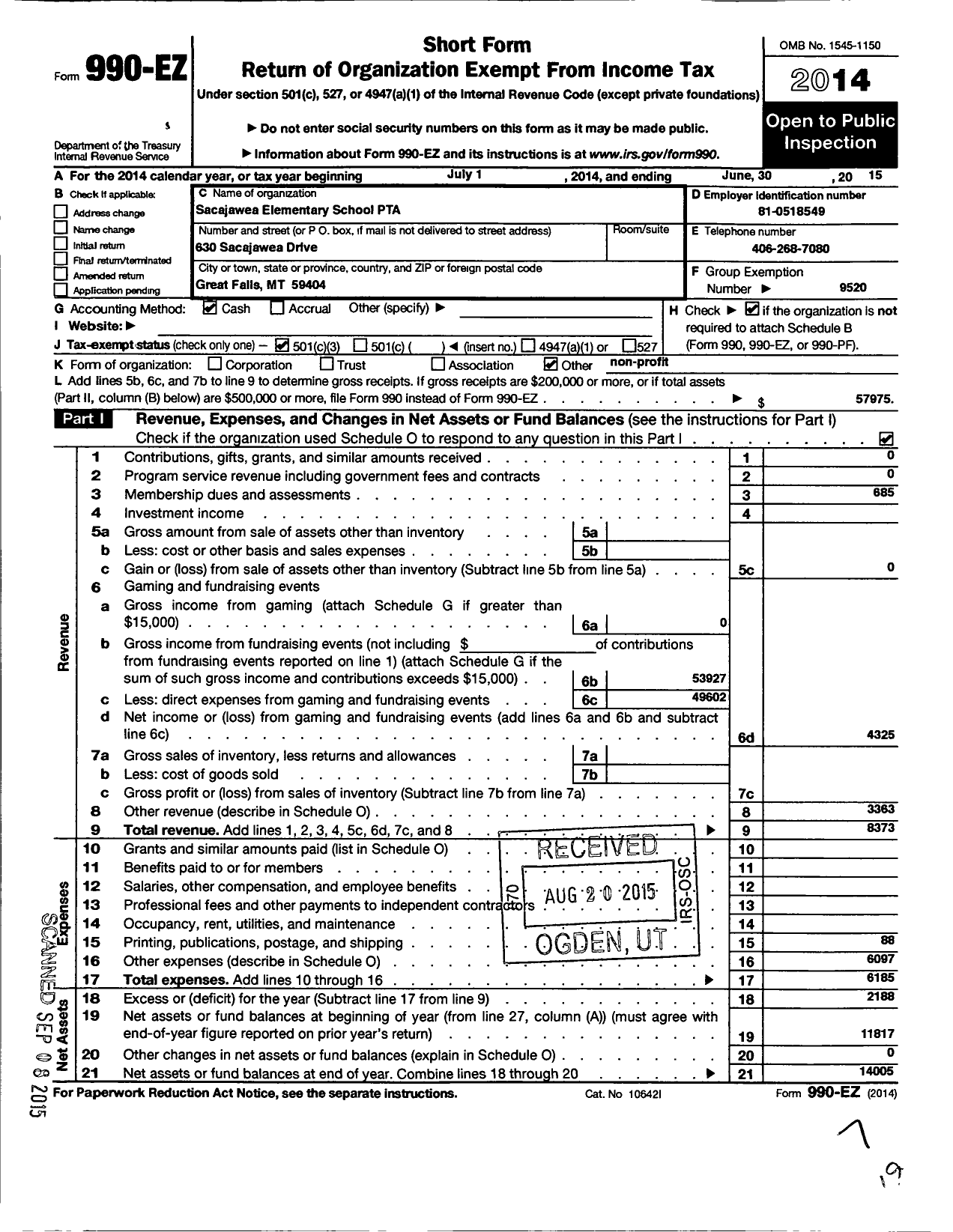 Image of first page of 2014 Form 990EZ for Montana Congress of Parents Teachers Students / Sacajawea PTA