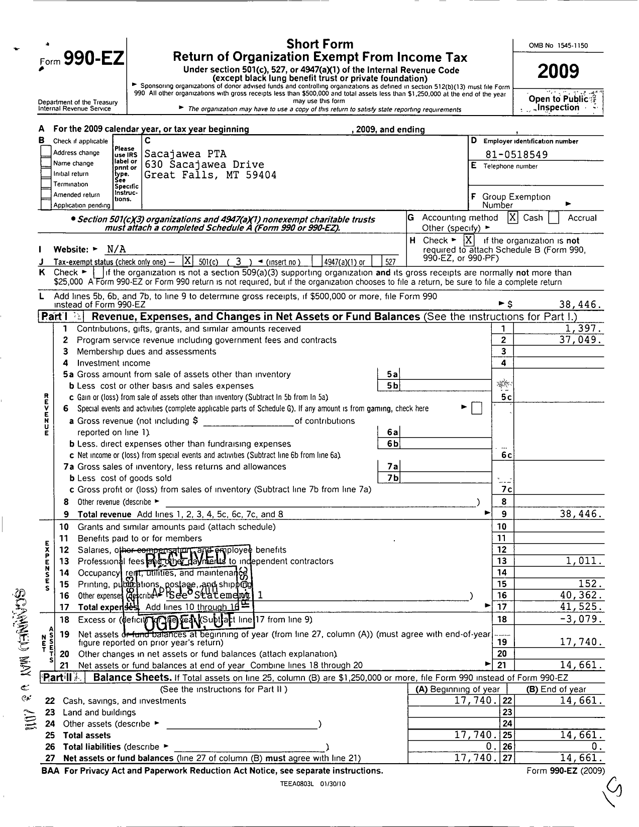 Image of first page of 2009 Form 990EZ for Montana Congress of Parents Teachers Students / Sacajawea PTA