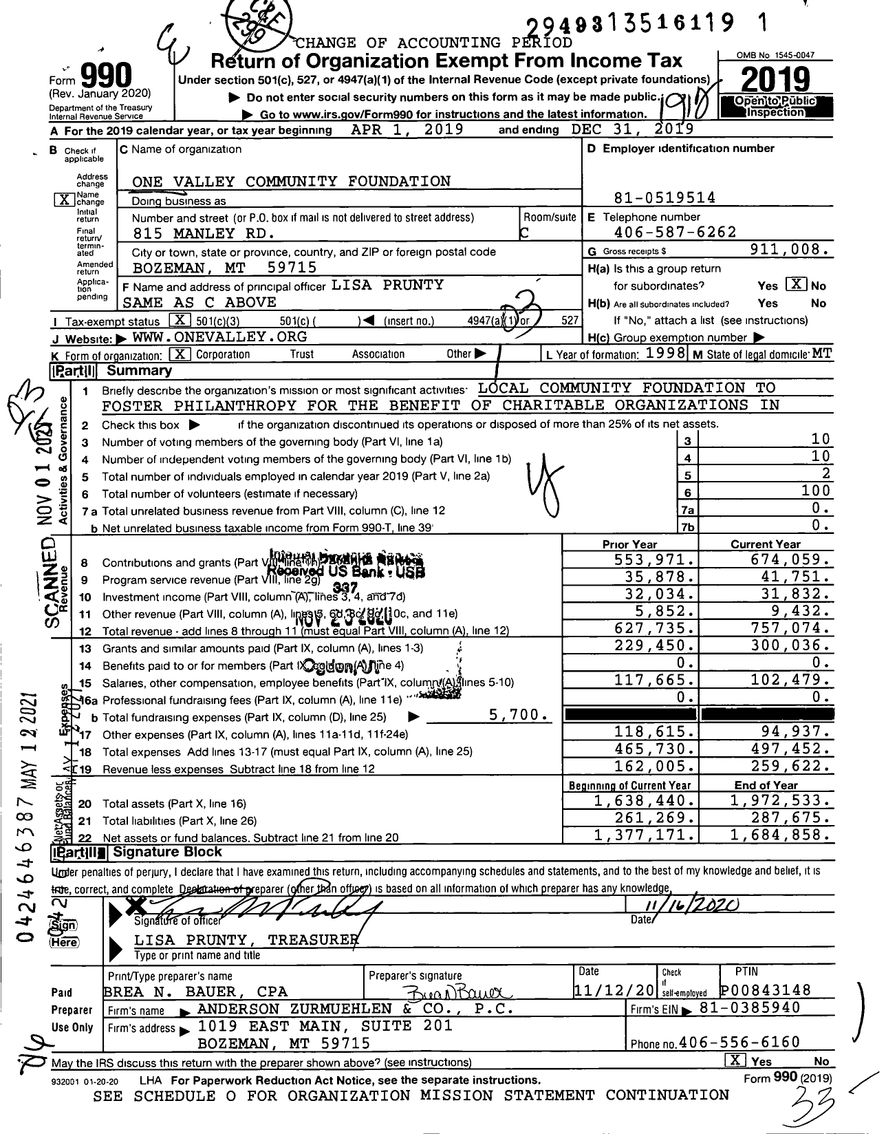 Image of first page of 2019 Form 990 for One Valley Community Foundation