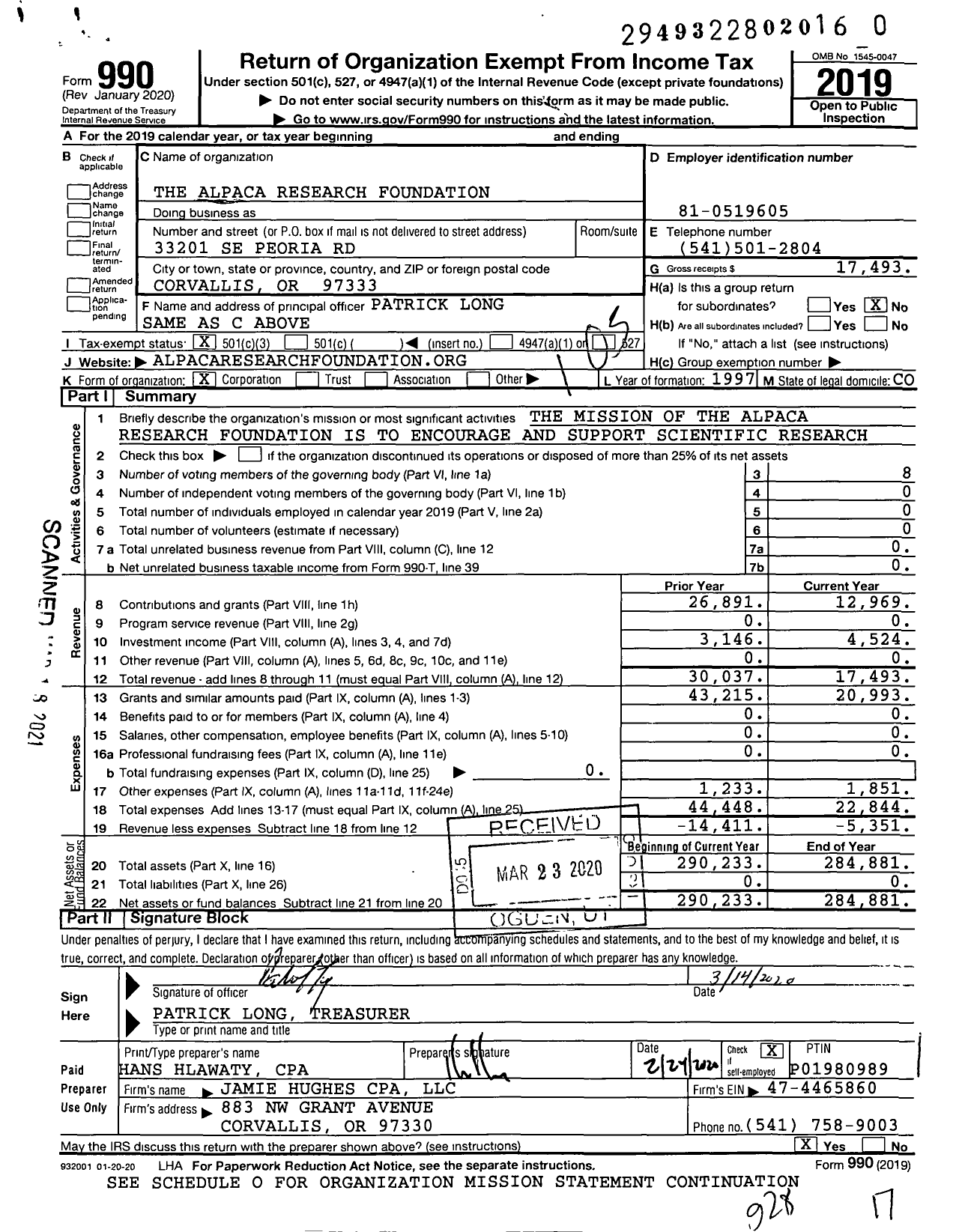 Image of first page of 2019 Form 990 for The Alpaca Research Foundation