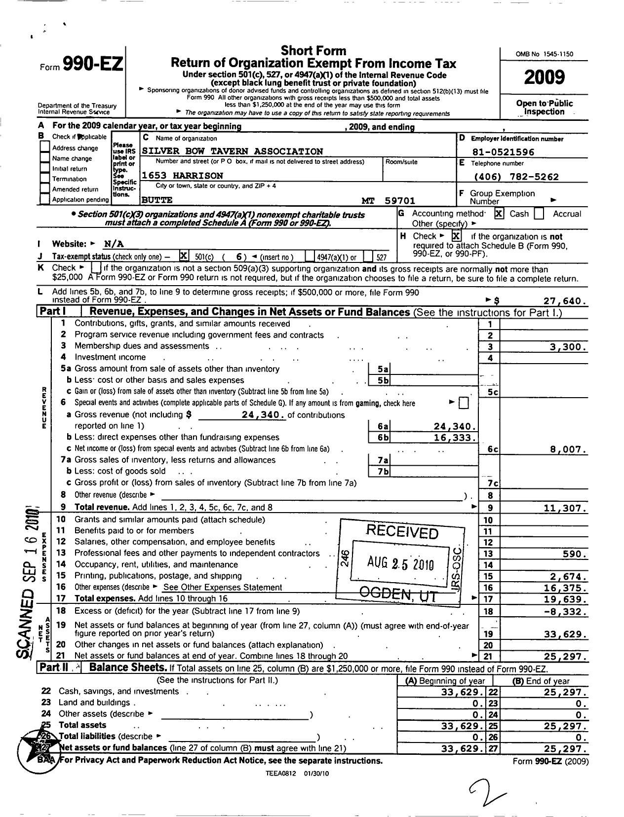 Image of first page of 2009 Form 990EO for Silver Bow Tavern Association