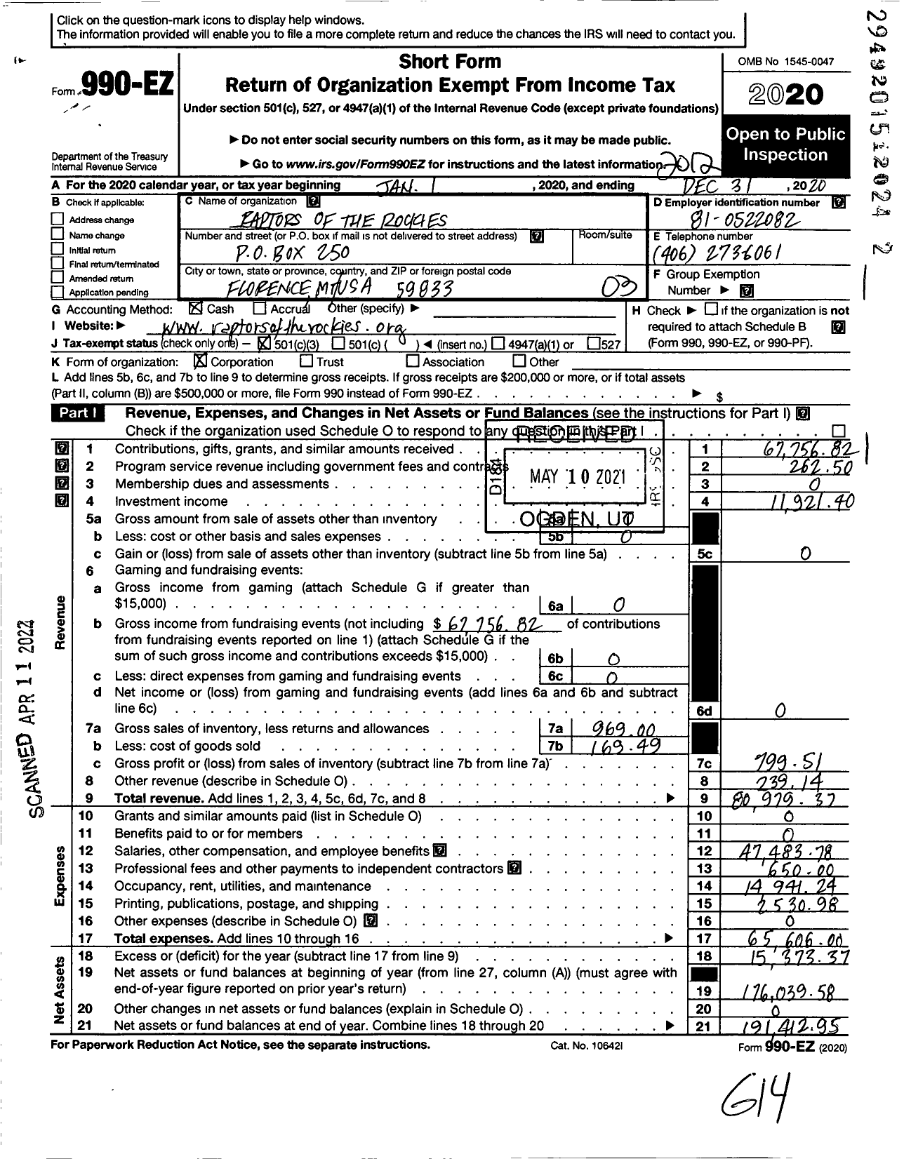 Image of first page of 2020 Form 990EZ for Raptors of the Rockies