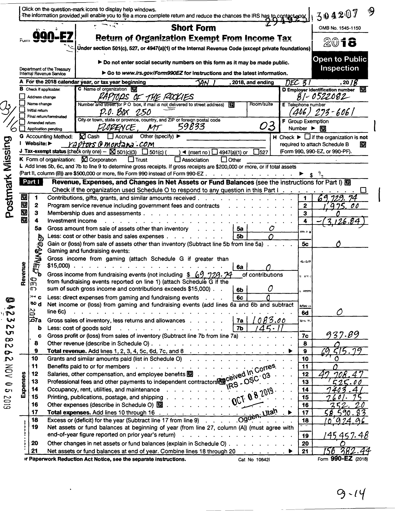 Image of first page of 2018 Form 990EZ for Raptors of the Rockies