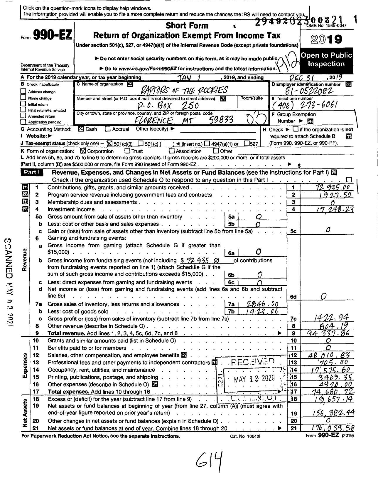 Image of first page of 2019 Form 990EZ for Raptors of the Rockies