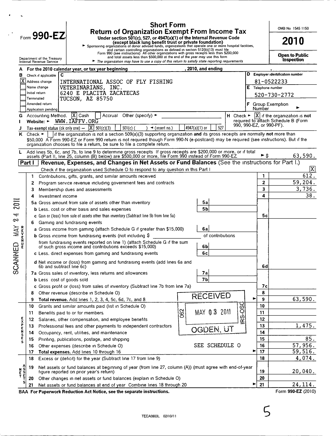 Image of first page of 2010 Form 990EZ for International Association of Fly Fishing Veterinarians