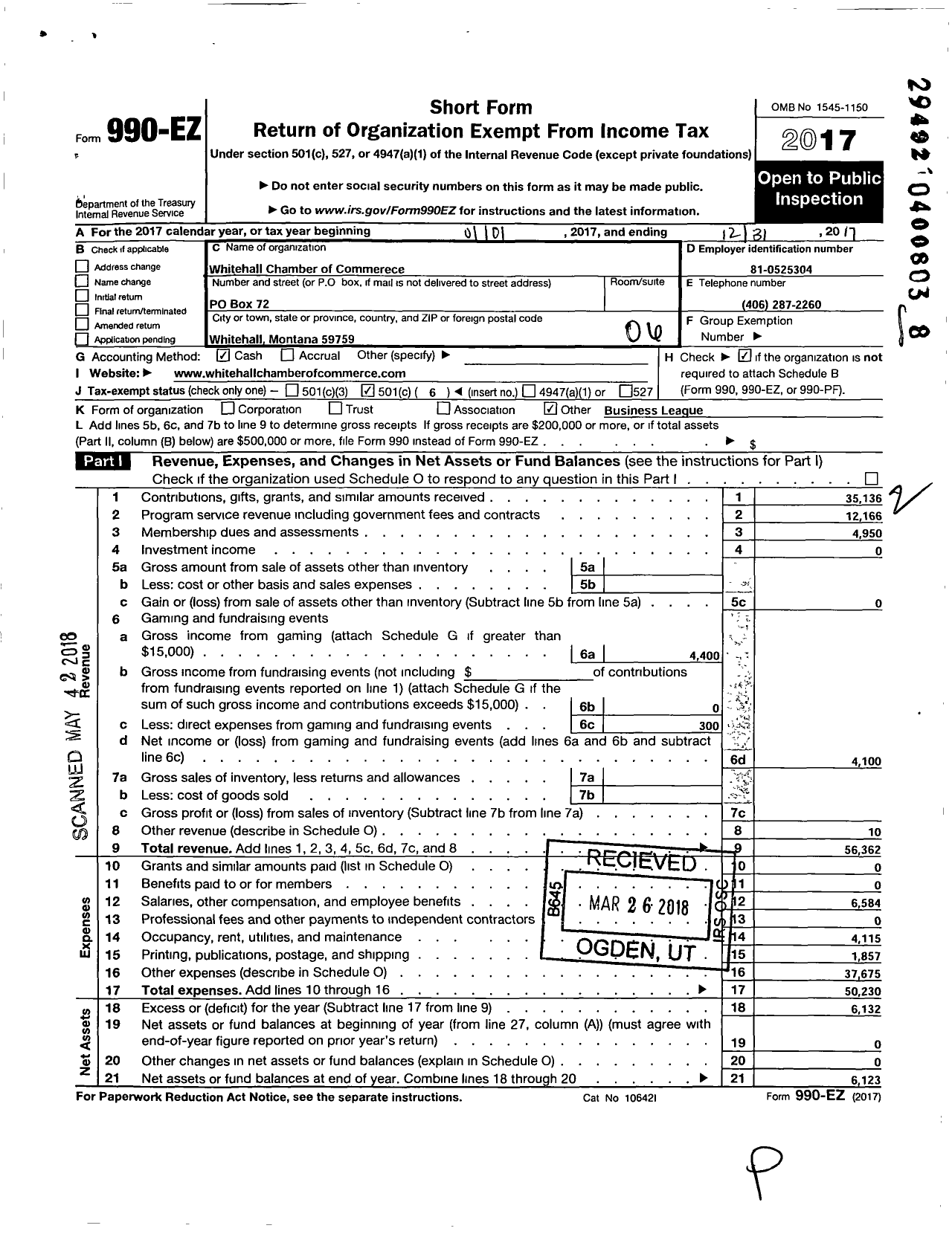 Image of first page of 2017 Form 990EO for Whitehall Chamber of Commerce