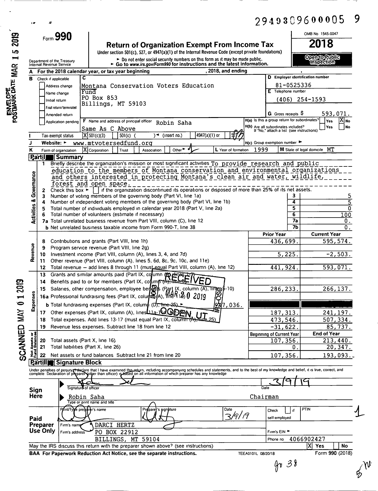 Image of first page of 2018 Form 990 for Montana Conservation Voters Education Fund