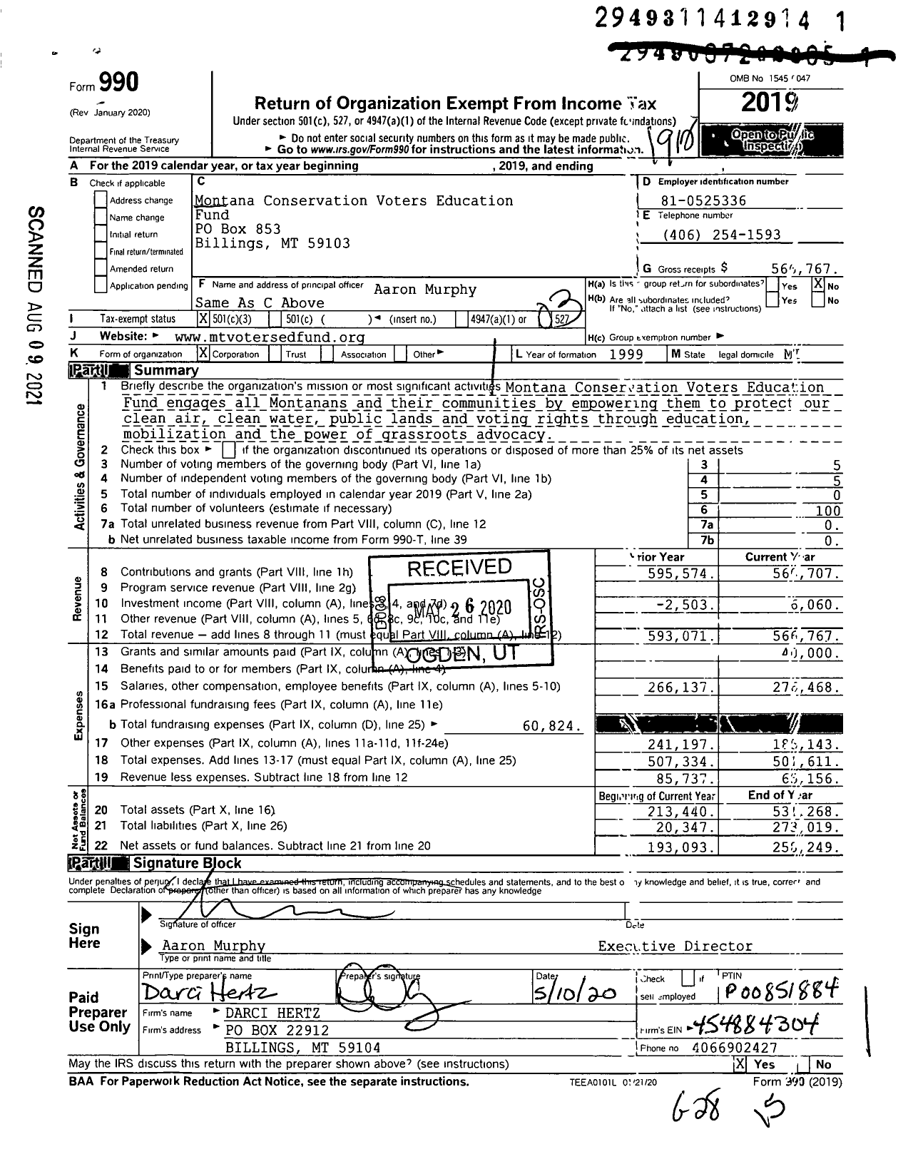 Image of first page of 2019 Form 990 for Montana Conservation Voters Education Fund