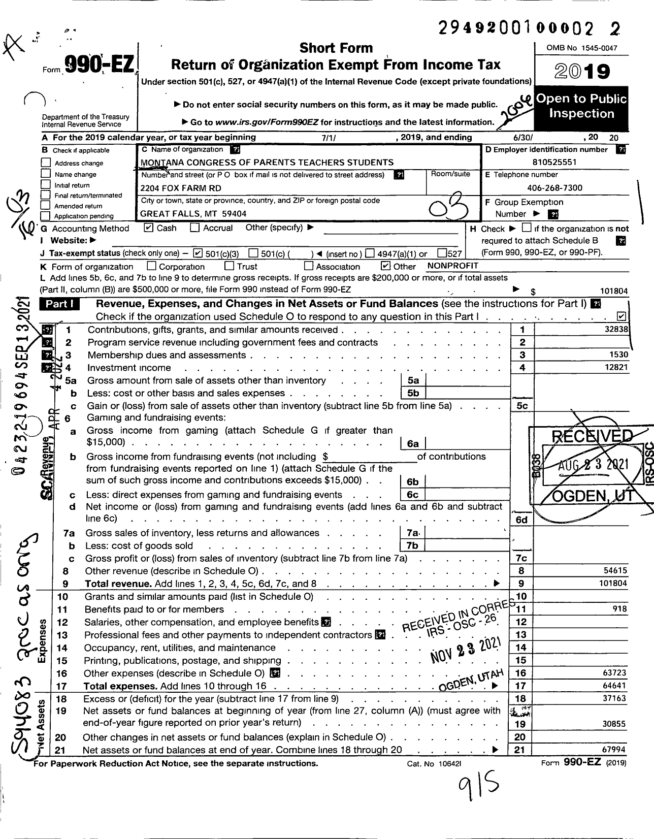 Image of first page of 2019 Form 990EZ for Montana Congress of Parents Teachers Students / Meadow Lark PTA