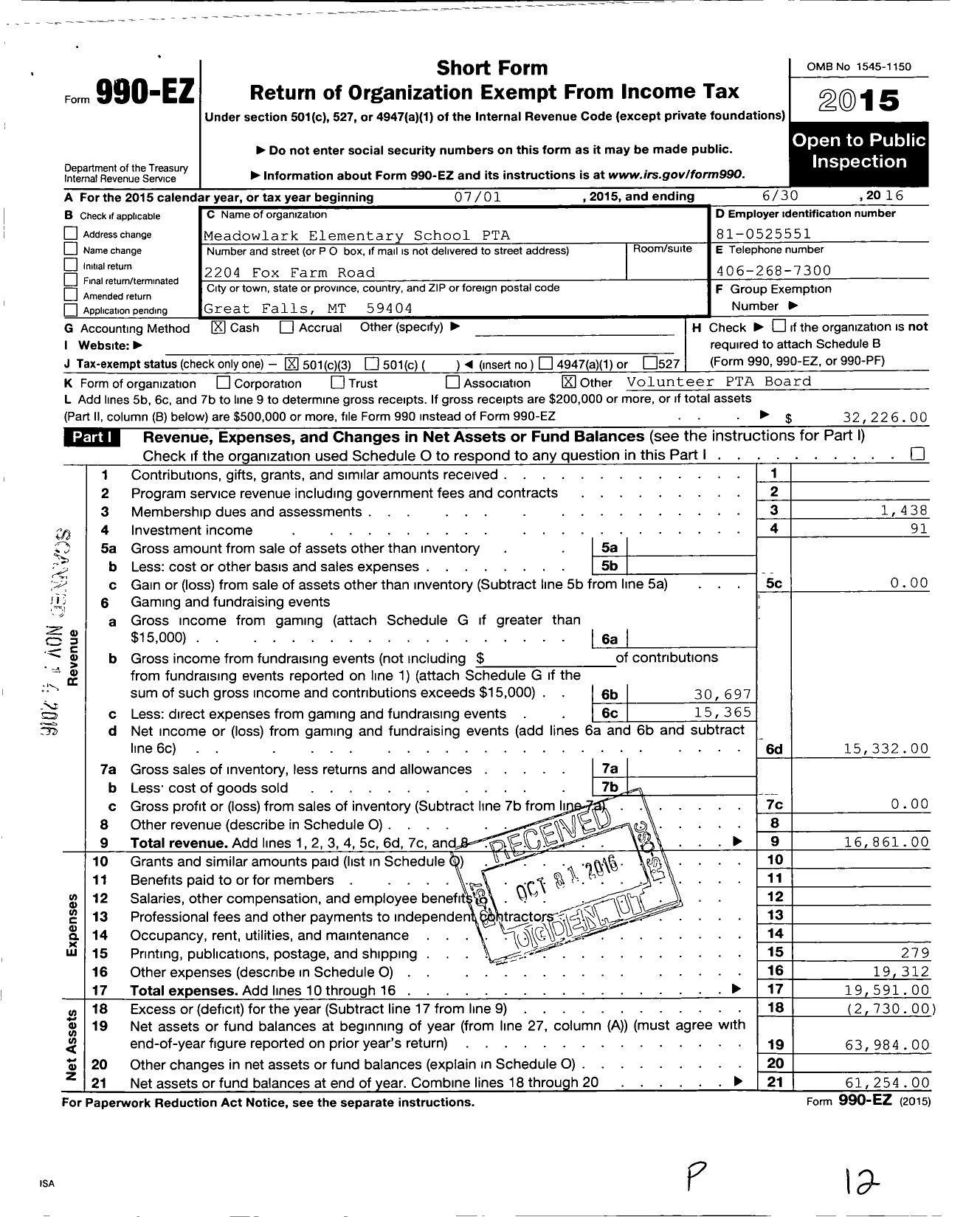 Image of first page of 2015 Form 990EZ for Montana Congress of Parents Teachers Students / Meadow Lark PTA