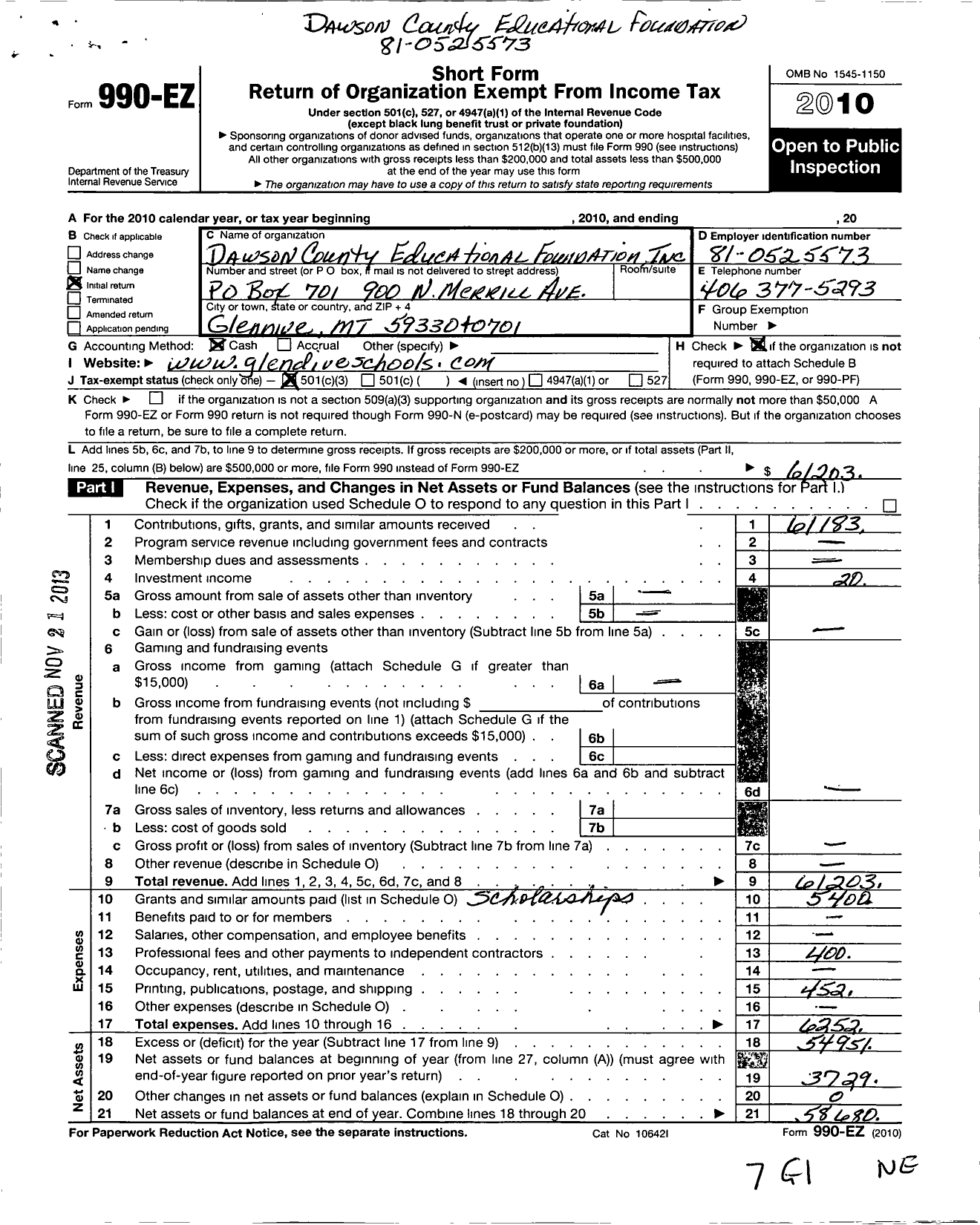 Image of first page of 2010 Form 990EZ for Dawson County Educational Foundation