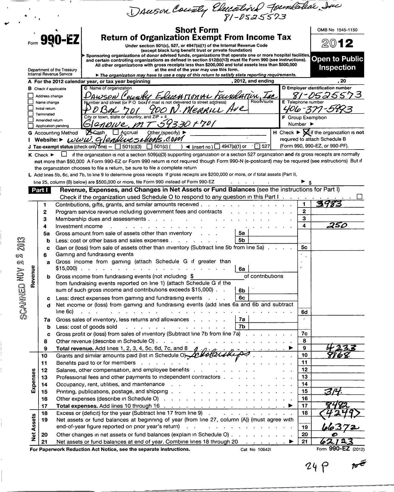 Image of first page of 2012 Form 990EO for Dawson County Educational Foundation