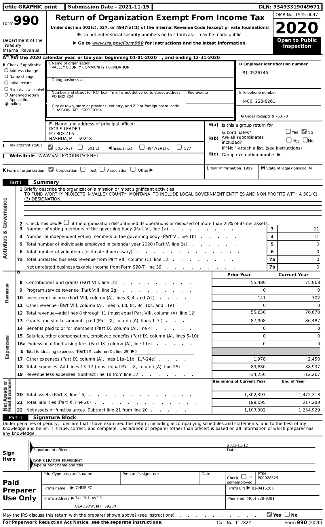 Image of first page of 2020 Form 990 for Valley County Community Foundation