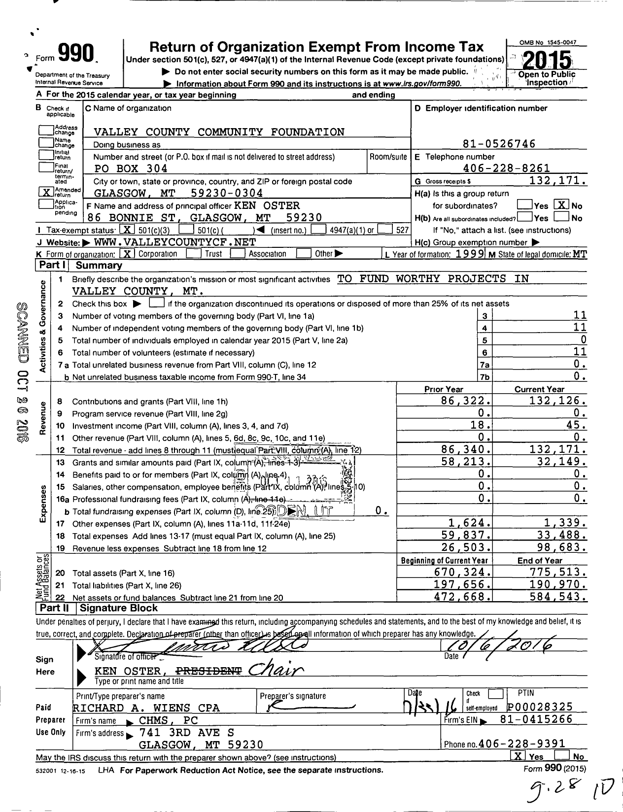 Image of first page of 2015 Form 990 for Valley County Community Foundation