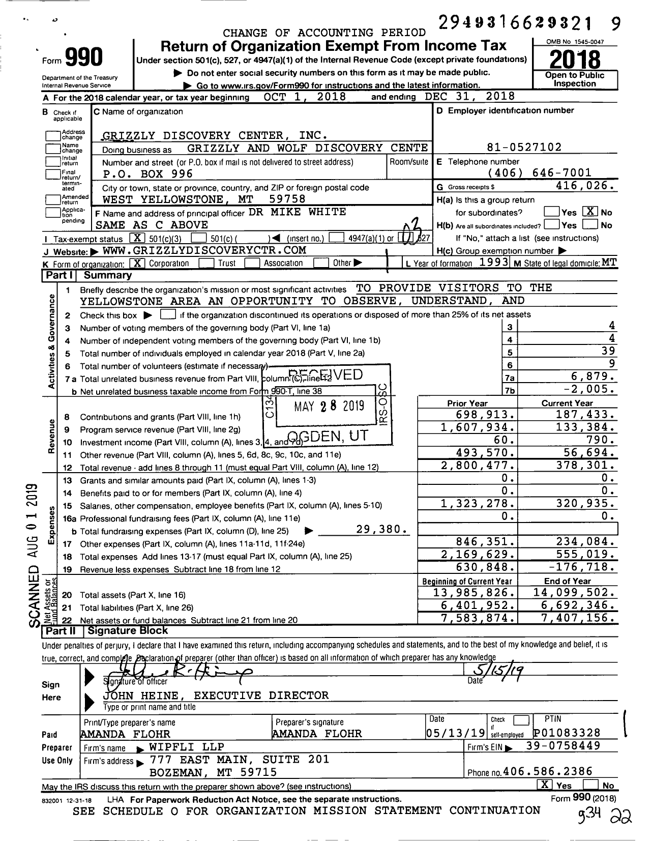 Image of first page of 2018 Form 990 for Grizzly and Wolf Discovery Center
