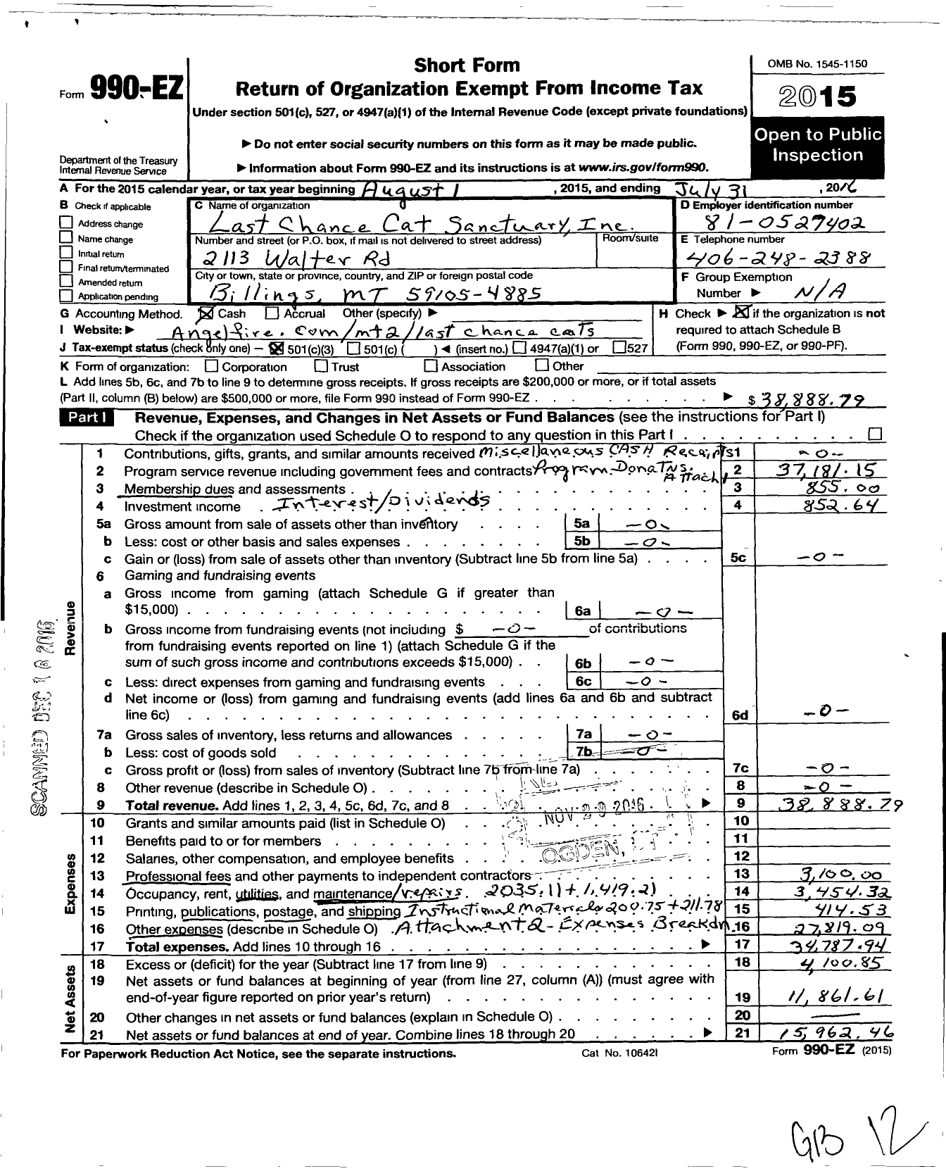 Image of first page of 2015 Form 990EZ for Last Chance Cat Sanctuary