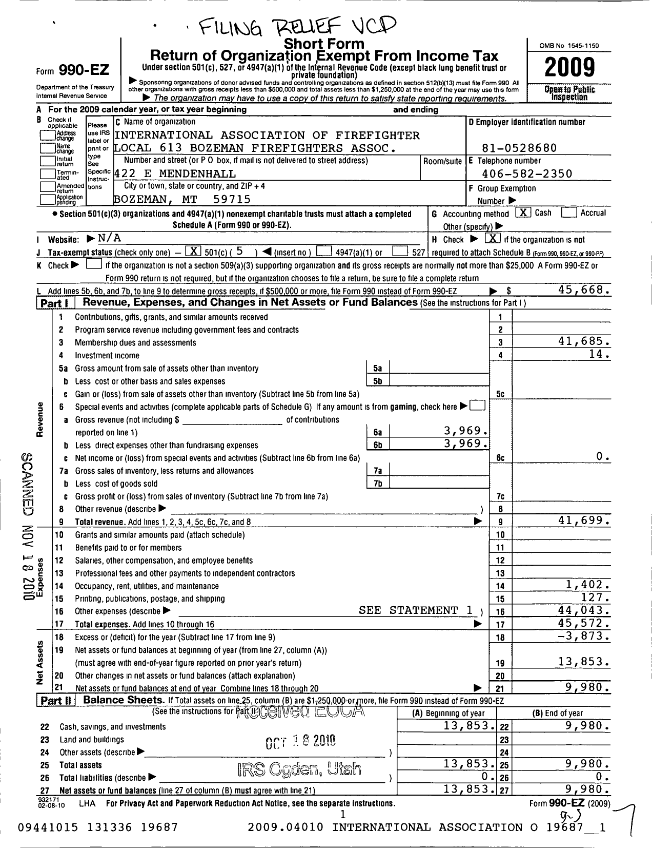 Image of first page of 2009 Form 990EO for International Association of Fire Fighters - 0613l Bozeman Fire Fighters Associa