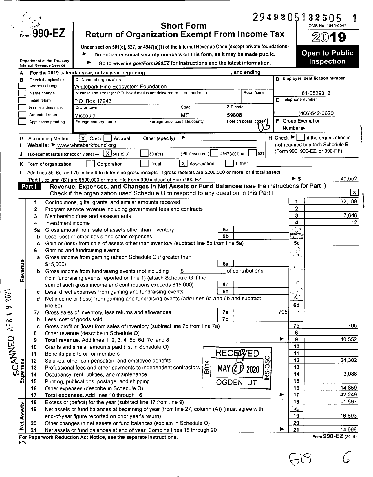 Image of first page of 2019 Form 990EZ for Whitebark Pine Ecosystem Foundation