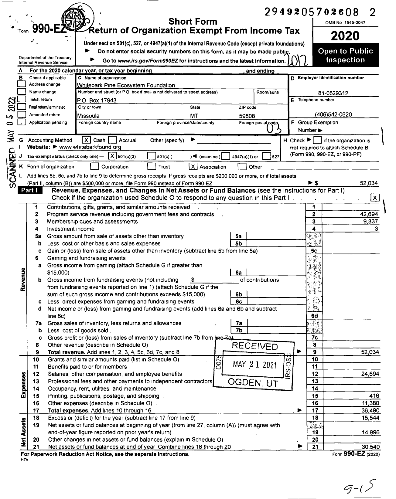 Image of first page of 2020 Form 990EZ for Whitebark Pine Ecosystem Foundation