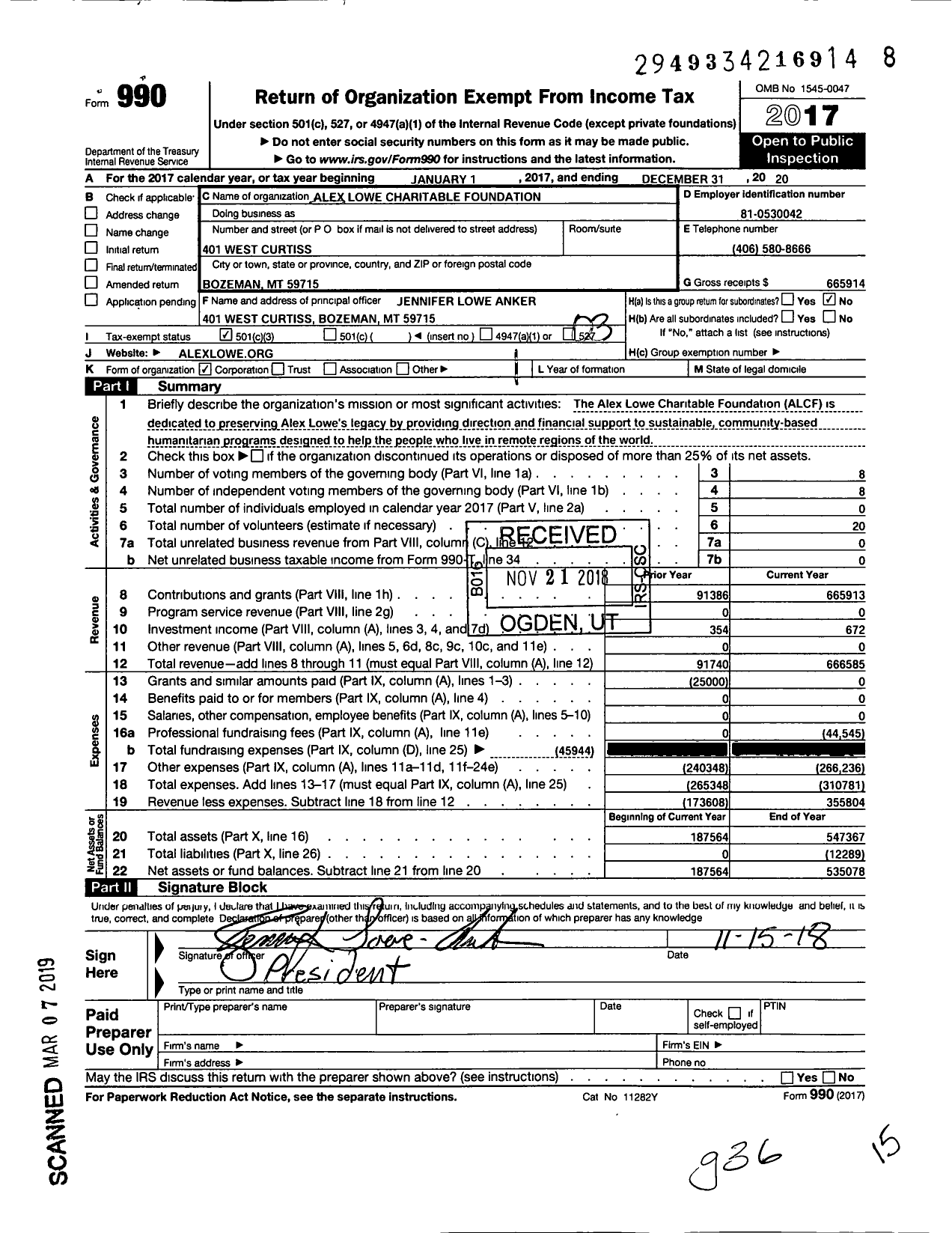 Image of first page of 2017 Form 990 for Alex Lowe Charitable Foundation