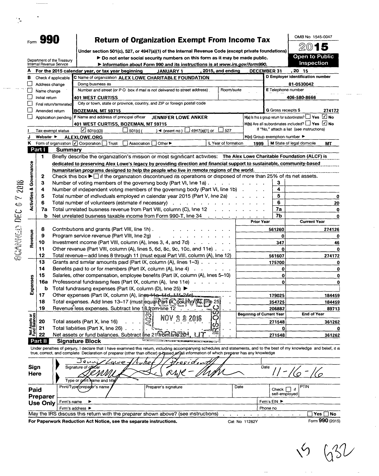 Image of first page of 2015 Form 990 for Alex Lowe Charitable Foundation