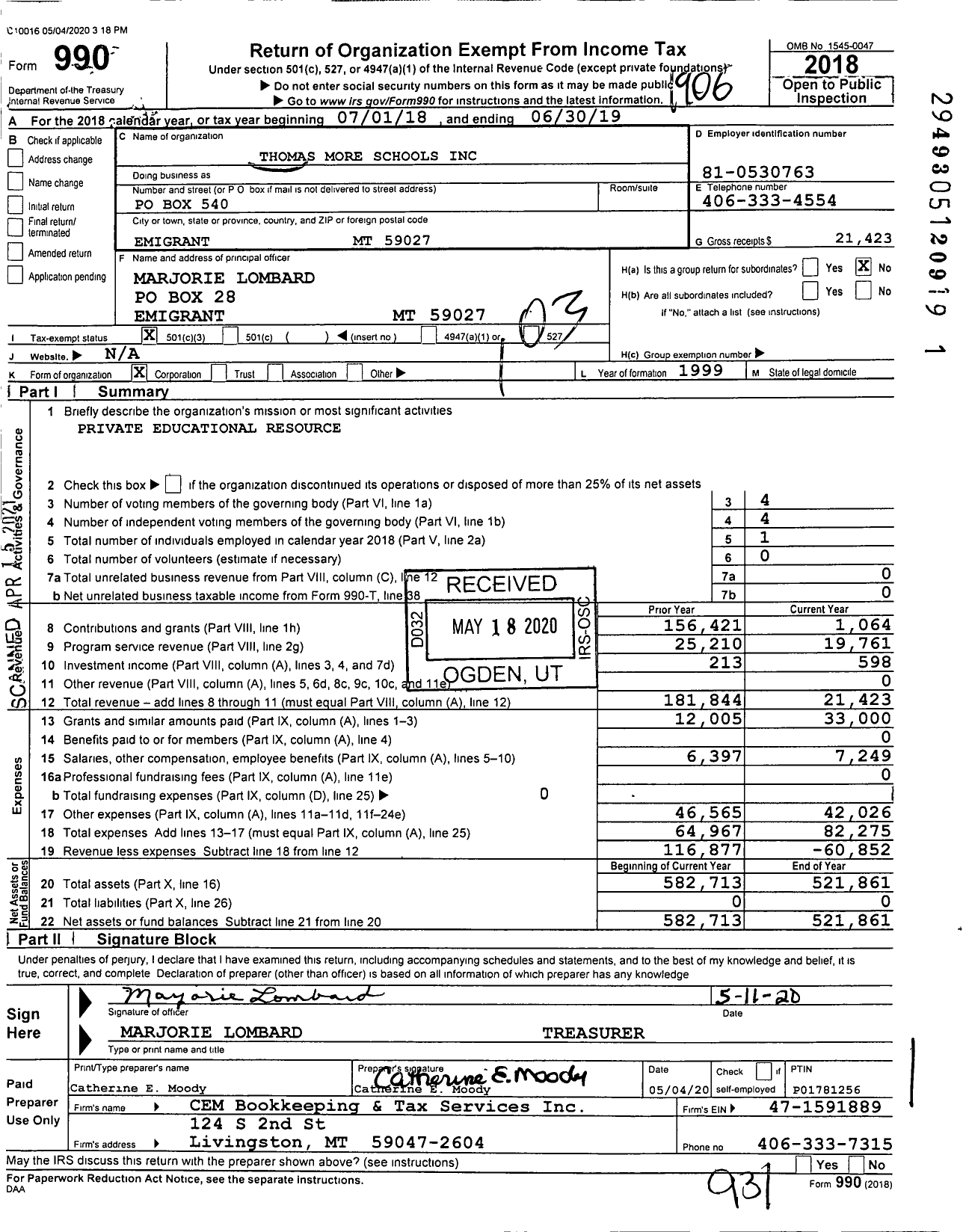 Image of first page of 2018 Form 990 for Thomas More Education Services