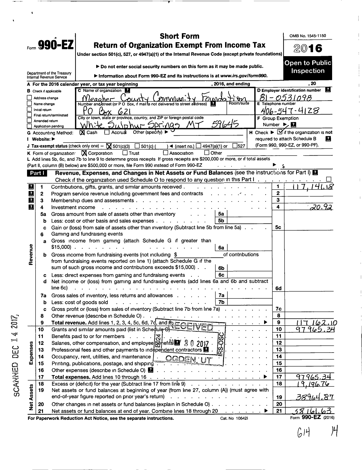 Image of first page of 2016 Form 990EZ for Meagher County Community Foundation