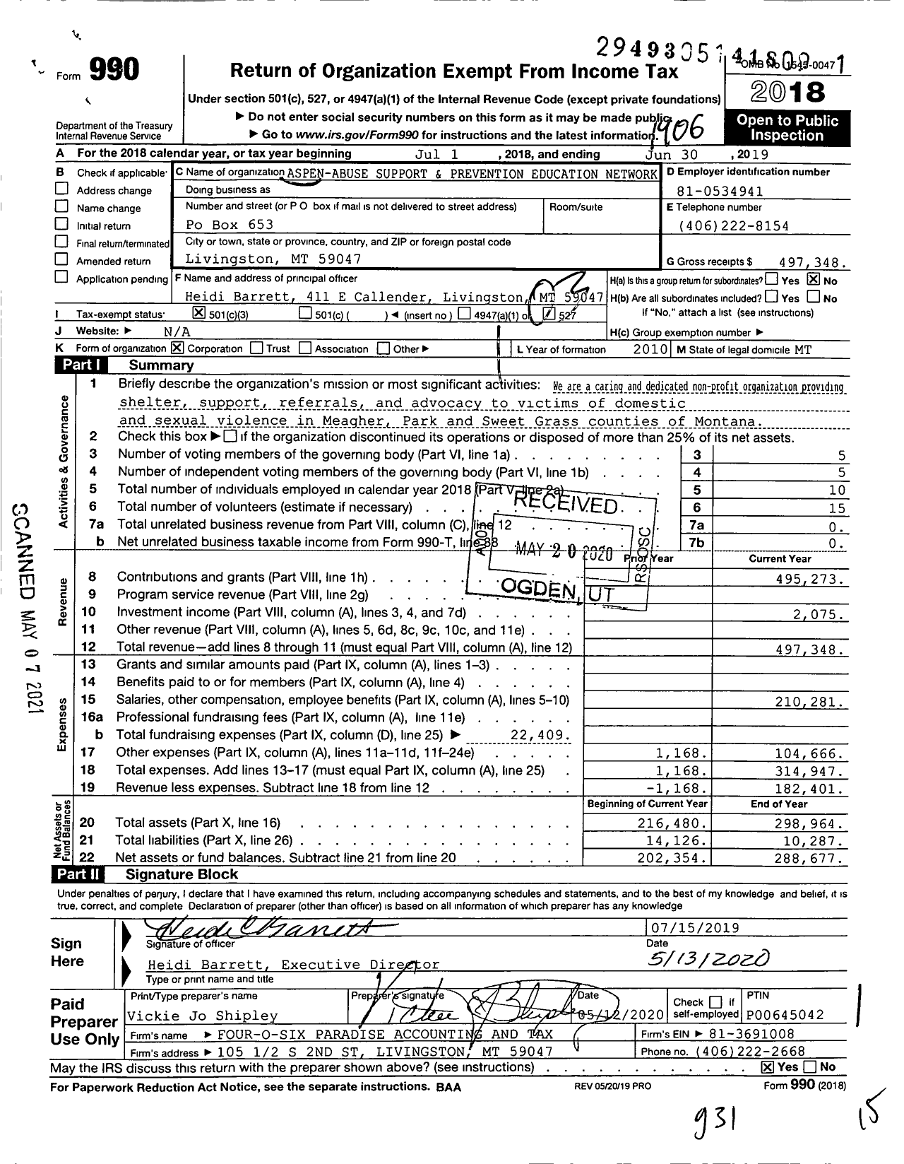 Image of first page of 2018 Form 990 for Aspen-Abuse Support and Prevention Education Network