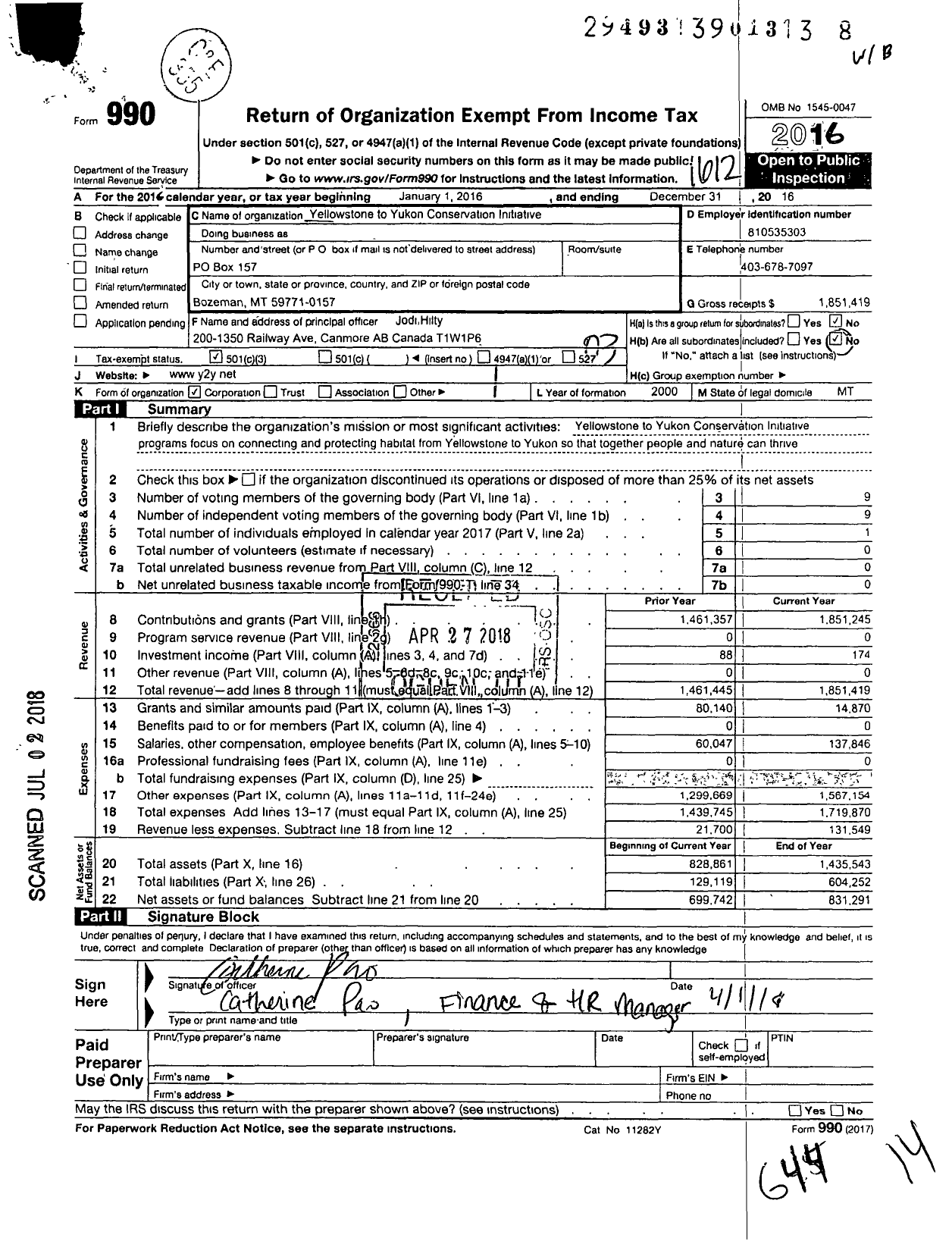 Image of first page of 2016 Form 990 for Yellowstone To Yukon