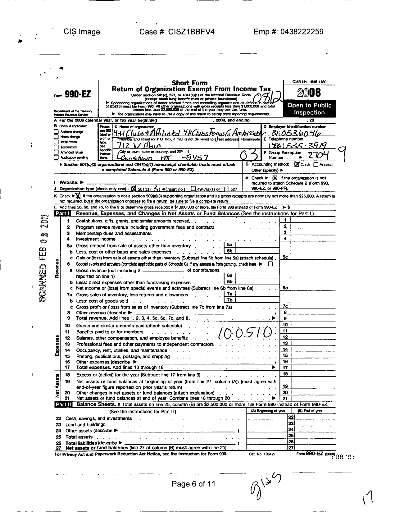 Image of first page of 2008 Form 990EZ for Montana 4-H Foundation / 4-H Ambassadors