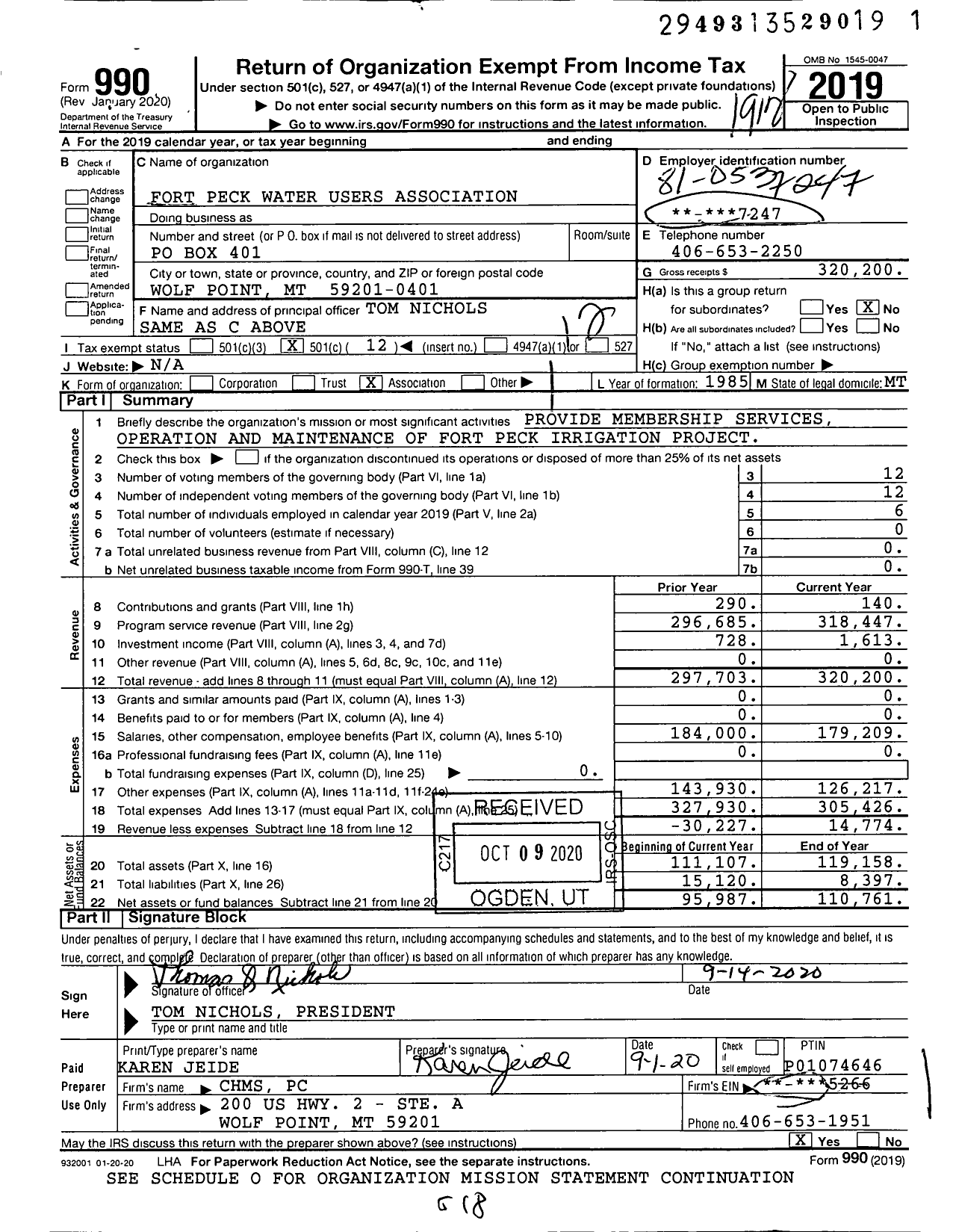 Image of first page of 2019 Form 990O for Fort Peck Water Users Association