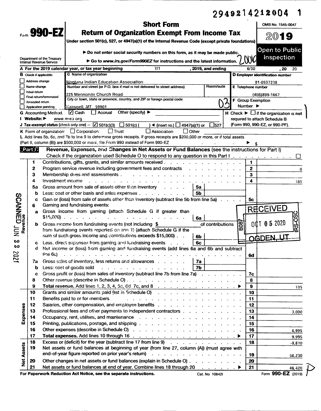 Image of first page of 2019 Form 990EZ for Montana Indian Education Association (MIEA)