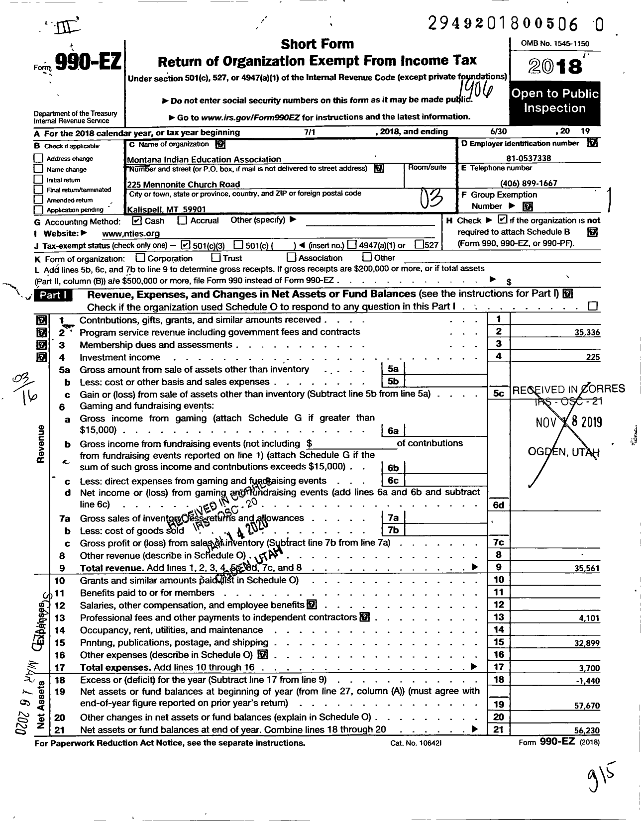 Image of first page of 2018 Form 990EZ for Montana Indian Education Association (MIEA)