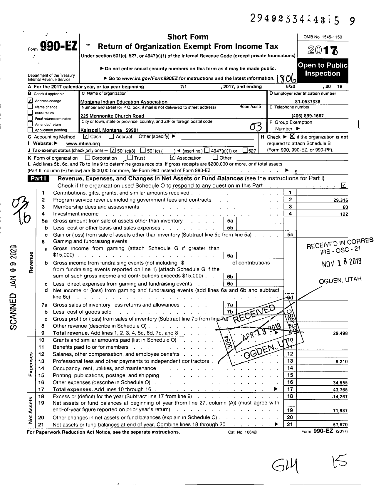 Image of first page of 2017 Form 990EZ for Montana Indian Education Association (MIEA)